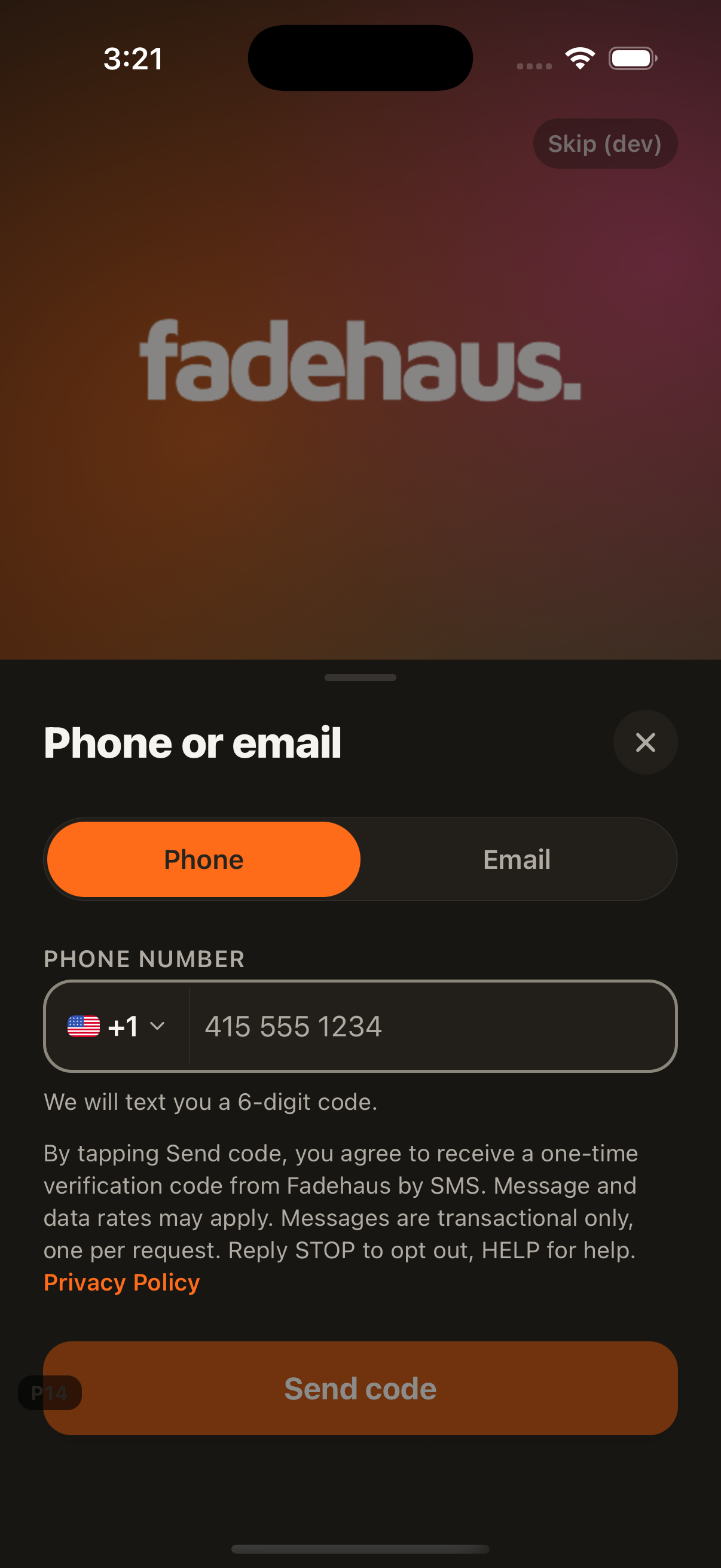 Fadehaus phone sign-in screen with SMS one-time-code consent and Send code button